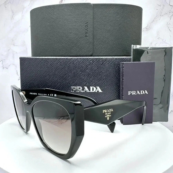 PRADA Sunglasses Symbole Gold Logo Black Authentic Square Cat Eye Oversized - Picture 14 of 16
